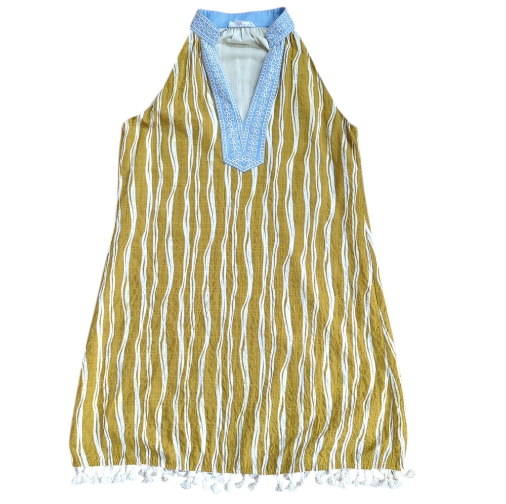 THML, Mustard Yellow Halter Shift Dress With Blue V-neck And Tassel Hem. Medium
